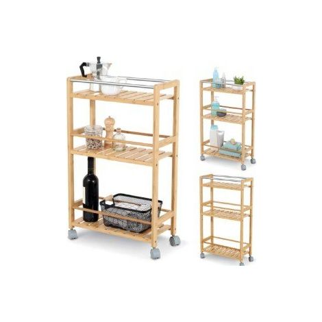 DK LIVING Carrello in Bambù Small 3 Ripiani Ruote Piroettanti 20x45x75 cm