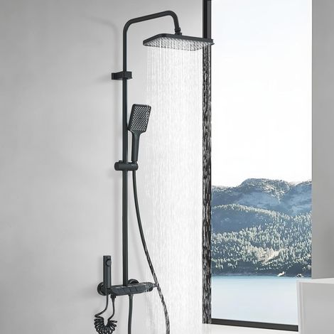 Colonne de Douche Noir Système de Douche Réglable en Hauteur Ensemble de Douche 4 Modes avec Pommeau Carré Douchette à Main (1/5)