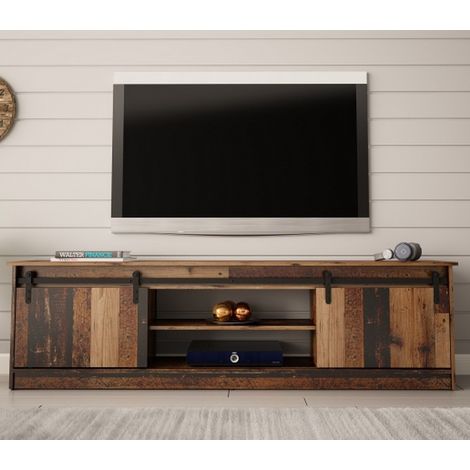 Meuble TV couleur bois vieilli 200 cm Hexa (1/5)