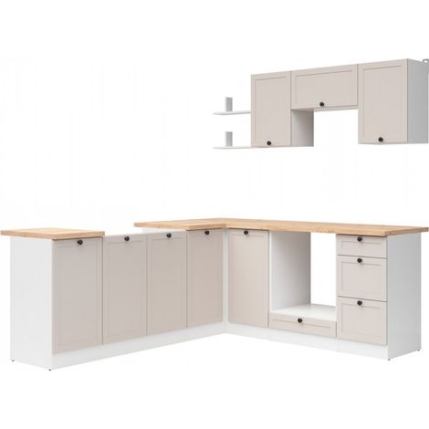 Cuisine d'angle complète 200x220 cm, Meubles de cuisine modulables coloris blanc/uni cachemire, plan de travail chêne doré inclus (1/5)