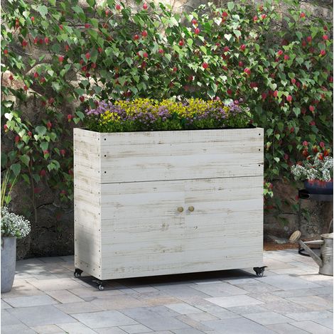 Huerto elevado de madera con almacenaje y ruedas, 110 x 50 x 95 cm, blanco HAVRYA (1/5)