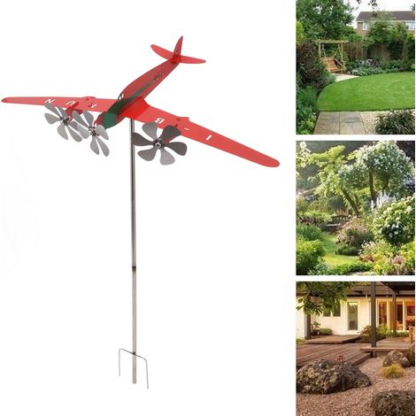 Girouette 3D en métal, moulin à vent à triple hélice, pour cour, jardin, terrasse, pelouse ou toit : cadeau idéal pour les passionnés d'aviation. Avion rouge. (1/5)