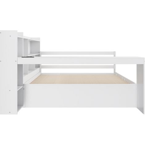Multifunktionsbett 140 x 200 cm mit Ausziehbett, Schreibtisch, Regalen und Steckdose, Weiß (1/5)