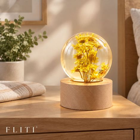 FLITI Lampe de chevet boule cristal résine marguerites jaunes éclairage ambiance tactile gradation base bois USB (1/5)