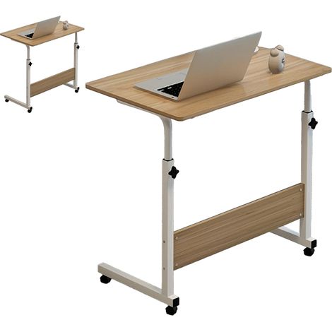 Table de chevet relevable 60 x 40 cm, structure en métal en forme de C, support mobile pour ordinateur portable, idéale pour la maison ou le canapé, coloris bois. (1/5)