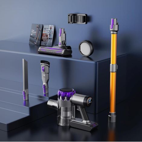 Aspirateur balai sans fil 300W 40 000 Pa 6 en 1 violet et doré OKMYHOME (1/5)