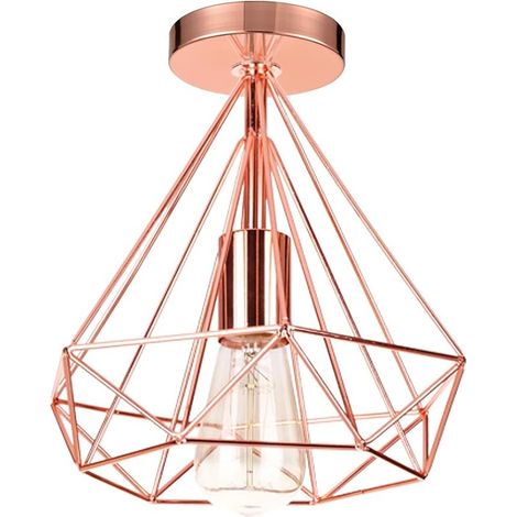 Vintage Plafonnier Industrielle en Métal Lampe de Plafond Abat-jour Or Rose Moderne Diamant Cage Design Rétro Suspension Luminaire E27 pour Chambre Salon Café Bar, Ø 25CM (1/5)