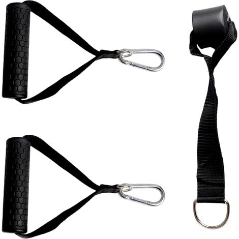 Accessori per attrezzature fitness: un paio di impugnature in gomma nera, un paio di moschettoni e serrature per porte. (1/2)