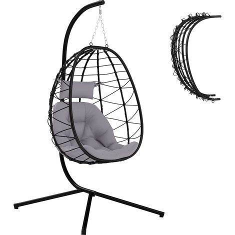 Outsunny Hanging Egg Chair Outdoor Indoor Garden Swing Chair with Folding Basket, Thickened Cushion, Garden Hanging Chair with Stand, Headrest for Patio, Balcony, Grey