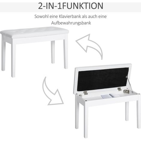 Tabouret de piano HOMCOM, banc clavier avec coffre de rangement, siège piano en similicuir, banc bois massif pour piano numérique, 76x36x50 cm, blanc