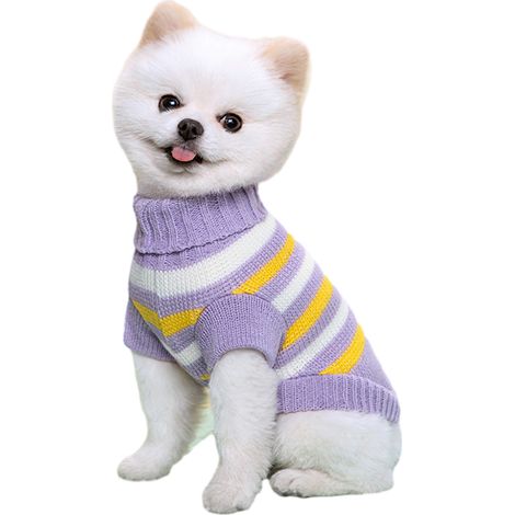 Pull Rayé Pour Chat Et Chien - Tricot Acrylique Extensible Col Haut - Vêtement Chaude Hiver Printemps Automne - Taille S Violet (1/5)