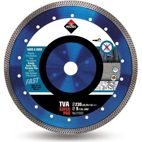 Rubi – Disque diamant pour meuleuse 230mm – Alésage 22,2mm – Coupe à sec matériaux durs : granit, grès, ardoise – Turbo Viper TVA-230