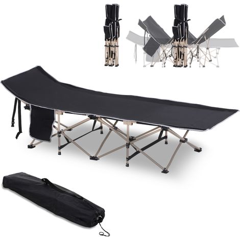 Lit de camp avec 1 poche latérale, sac de transport et cadre en acier, capacité de charge 150 kg, 190 x 68 x 52 cm, noir (1/5)