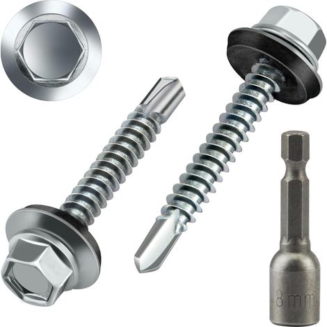 Lot De 50 Vis Auto-Taraudeuses Pour Tôle Trapézoïdale 4,8 X 35 Mm Avec Rondelles EPDM Vis Étanches Hexagonales Autoperceuses Pour Toiture Tôle Ondulée Avec 1 Clé À Douille (1/5)