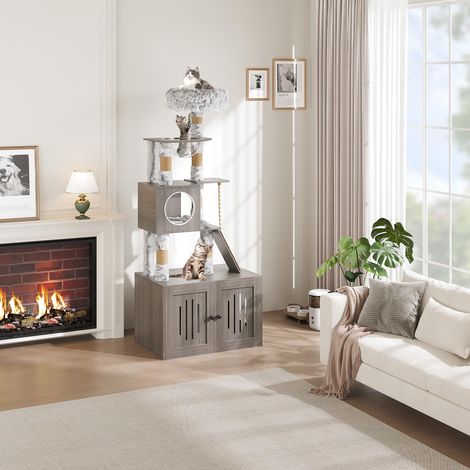 Arbre à chat 170 cm multifonction – Maison litière intégrée, condo spacieux, hamac, coussins lavables, griffoir sisal, station alimentation, rangement – Mobilier moderne pour chats d’intérieur – Color (1/5)