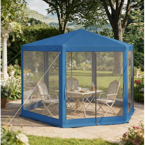 Pavillon de jardin 3,8 x 3,3 m avec moustiquaire, protection UV, structure stable en métal et tissu Oxford bleu (1/4)
