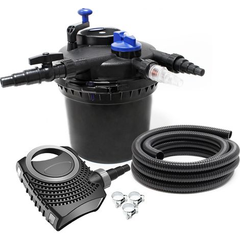 SunSun Komplettset: CPF-5000 Teichdruckfilter bis 9000 L mit 11 Watt UV-C Teichklärer, NEO8000 SuperEco Teichpumpe 8000l/h 70W, 10m Teichschlauch 38 mm (1 1/2"), Schlauchschellen W1 44-47mm