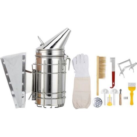 Dilwe Trousse de démarrage pour l'apiculture 10 pièces Kit de fournitures d'apiculture Gants de fumeur d'abeilles Brosse à fil (1/4)