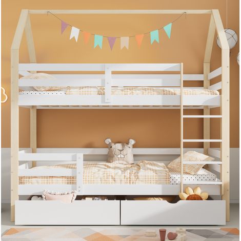 Lit enfant cabane 90/200 cm blanc et chêne en bois de pin massif avec tiroirs et barrières (1/5)