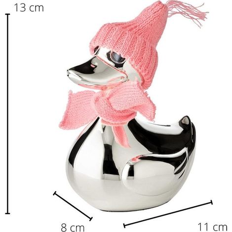 Tirelire Canard Argentée avec Chapeau et Écharpe Rose et Bleu, Anti-Ternissement, Hauteur 13 cm - PANGIVO (1/5)