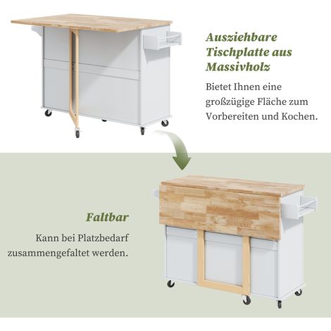 Grande table cuisine mobile L137xW43(76)xH92cm plan travail chêne pliant,3 tiroirs et porte-serviettes pour maison.