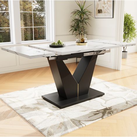Mesa de comedor extensible 99-159x75x75 cm blanca y negra en MDF y metal con tablero tipo mármol y patas en V (1/5)