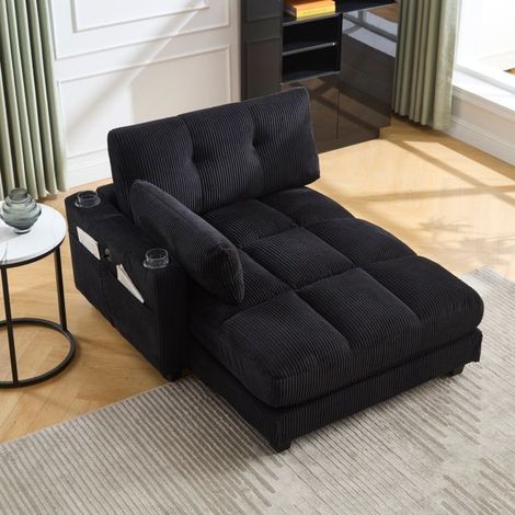 Fauteuil relax velours côtelé noir 140x112x81 cm – appui‑tête, poches latérales, ports USB (1/5)