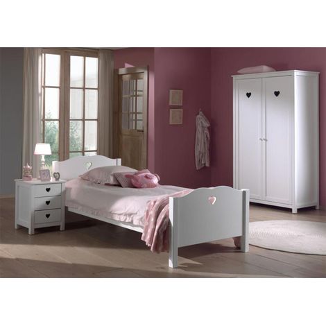Pack - Lit Enfant, Sommier, Chevet & Armoire 2 Portes "Amori" 90x200cm Blanc (1/5)