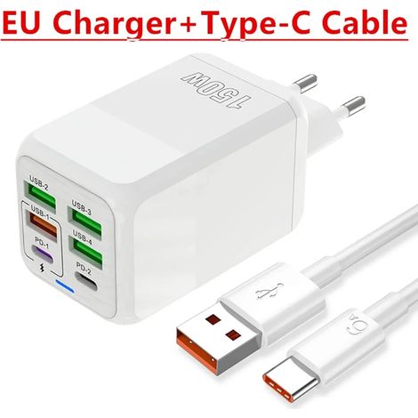 Chargeur mural ultra-rapide 150 W à 6 ports USB-C et D QC 3.0 pour iPhone, Samsung, Xiaomi, Huawei et OnePlus. Prise UE/US/UK. (1/5)