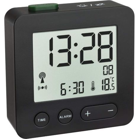 Réveil numérique, avec Horloge Radio-pilotée, fuseaux horaires réglables, réveil température et écran Lumineux, Noir (1/3)