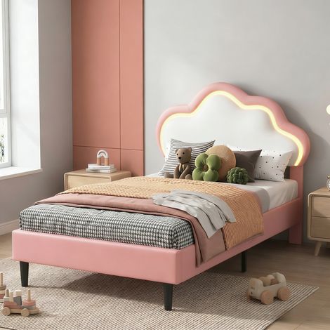 Lit simple 90x200 cm avec tête de lit nuage, hauteur réglable, LED intégrée, similicuir rose