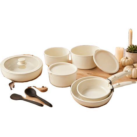 Juego de utensilios de cocina de 17 piezas, cerámica antiadherente, diseño apilable, apto para lavavajillas, incluye tapas para cacerolas. (1/5)