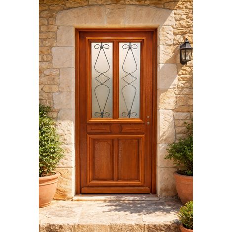 Puerta de entrada de madera con cristal Baya, H.200 x L.90 cm, lado del tablero P, izquierda, pomo, cilindro, botÃ³n, GD MENUISERIES