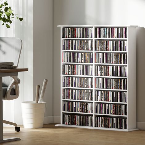 Librería de madera de diseño moderno de 16 niveles para CD, 106,5 x 24 x 126,3 cm, blanca. (1/5)