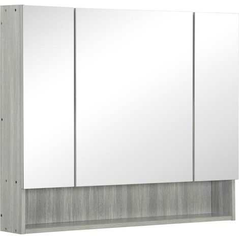Armoire murale salle de bain avec miroir, armoire de toilette 3 portes miroir, étagères réglables, 90x15x75cm, gris