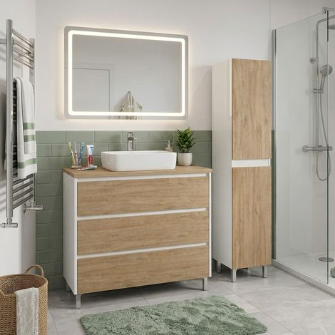 Ensemble meuble vasque à poser L.100cm + 1 colonne sur pied Blanc laqué 3 tiroirs Chêne naturel LISBONA