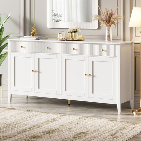 Buffet en MDF blanc 160 x 40 x 82 cm avec 2 tiroirs, 4 portes et tablettes réglables (1/5)