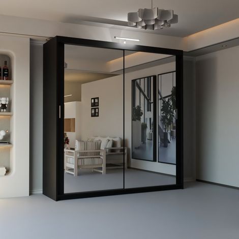 Modern 2 & 3 Door Sliding Wardrobe with Full-Length Mirror & LED Light - Black150cm (1/2)