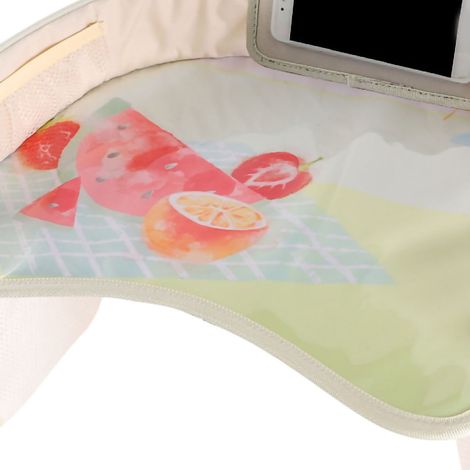 Tableau de voyage enfant, organisateur d'activités demi-entouré avec poche latérale transparente, pour poussette, siège auto, fruits. (1/3)