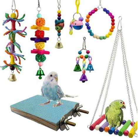 Jouet Pour Oiseau - Perchoir Balançoire Échelle Corde Anneau Clochette En Bois Et Métal - Pour Perruche Budgérigar 8 Pièces (1/5)