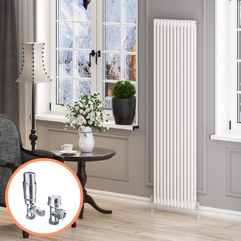 ELEGANT 1800 x 550 mm Traditional Radiator Cast Iron Style Radiator White Triple Vertical Column Radiators 2 Column + Chrome Thermostatic Radiator Valves (1/5)