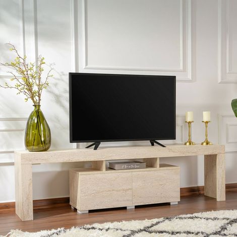 Dmora - Mueble de televisión Govone, Aparador de salón, Mueble bajo para TV, Base de pared equipada, 180x31 h50 cm, Beige (1/5)