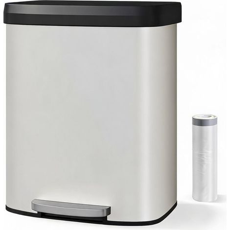Grand capacité 60L – Poubelle de cuisine à pédale – Acier inoxydable – Couvercle plastique, fermeture douce, anti-traces, poignée arrière, porte-sac – Idéale cuisine/bureau/maison – Blanc (1/5)