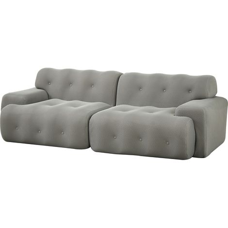 Sofá de 2 plazas grande en tejido gris con reposabrazos anchos y respaldo con botones, sin montaje (1/5)