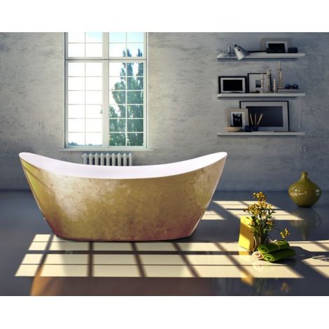 BERNSTEIN - Baignoire îlot ovale en acrylique pour salle de bain, isolation thermique - Blanc / Effet feuille d'Or - 173x73x75cm - SIENA - Options au choix Sans siphon, Avec raccord standard 1523C