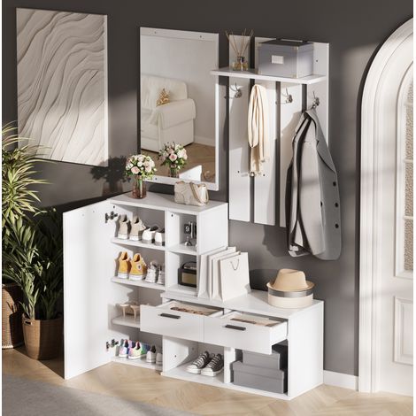 Mueble zapatero de entrada con espejo, ganchos y 2 cajones, MDF blanco, 120 x 35 x 175,5 cm DESVIAE (1/5)