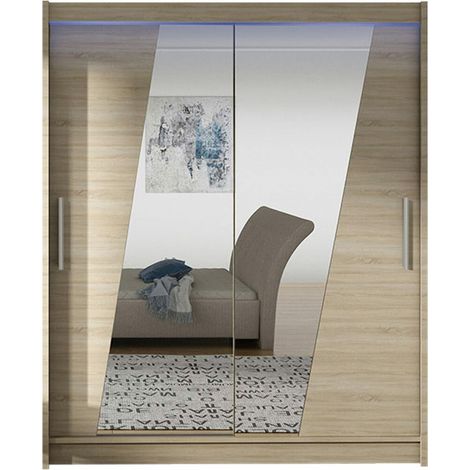 Armario Closico 155, Roble Sonoma, 200x150x58cm, Puertas de armario: Correderas, Número de estantes: 5, LED (1/4)
