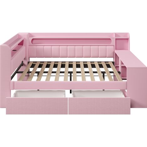 Letto Divano 2 Posti con USB, LED, Scrivania e 2 Cassetti 140 × 200 cm, senza Materasso, Rosa (1/5)
