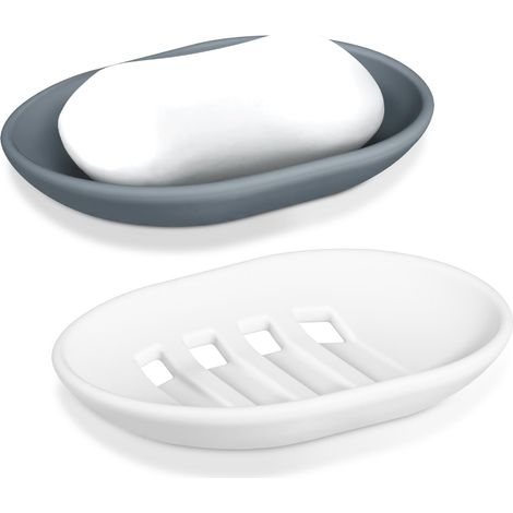 Porte Savon en Silicone, Lot de 2 Boite Savon avec Drainage, Support Savon Antidérapant et Portable, Porte Savon Cuisine, Salle de Bain, Douche - Gris (1/5)