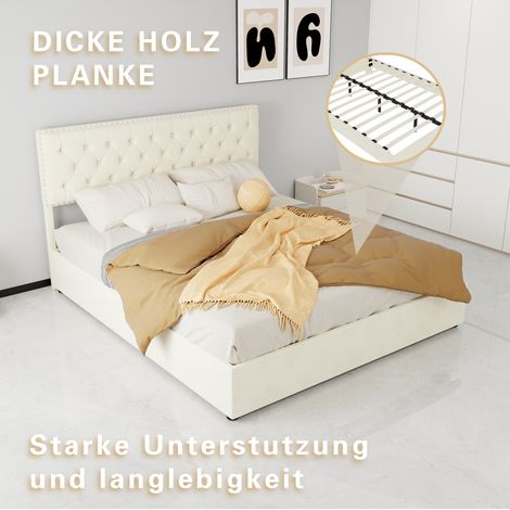 Cama 160x200 cm beige de tela y metal, cabecero alto, somier de láminas, espacio bajo cama (1/5)